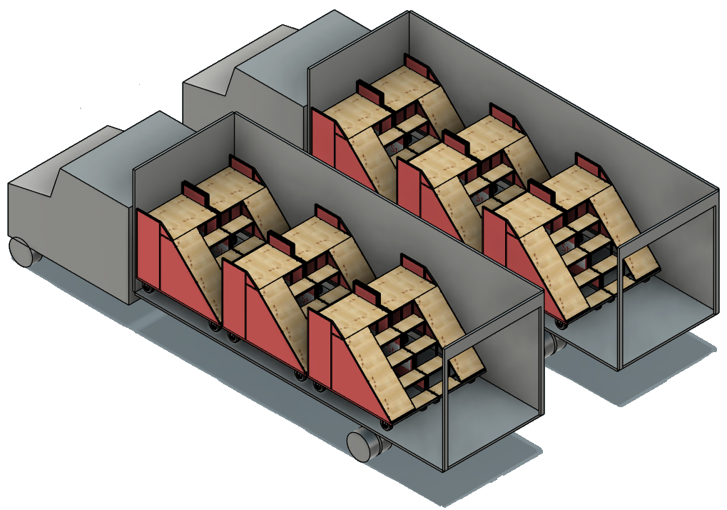 CAD mockup: two 26-foot box trucks each loaded with six stair props