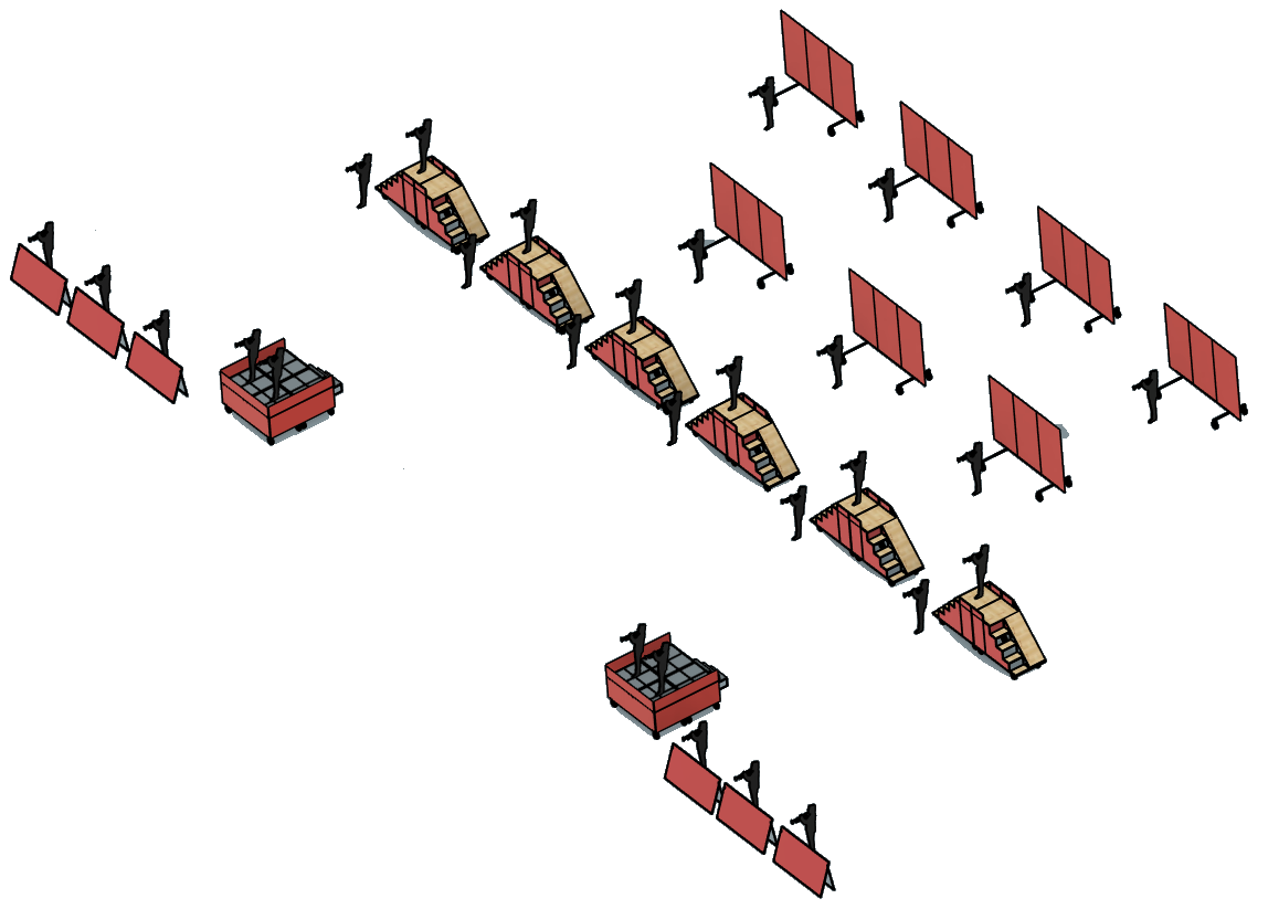 Field layout mockup: seven media frames, twelve stair props, two stages, and six front screens
