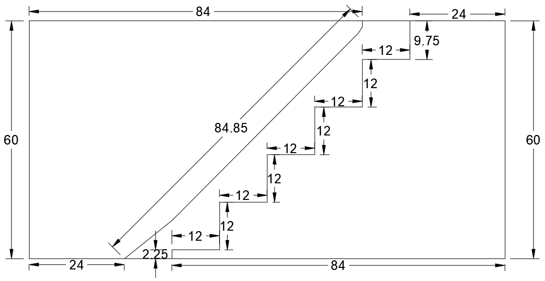 Cut measurements for stair and slide side panels on a 9 by 5 foot sheet section