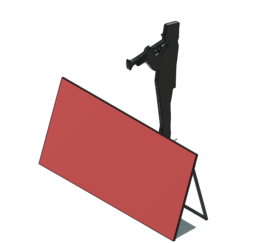CAD mockup: angled front screen with one coroplast panel