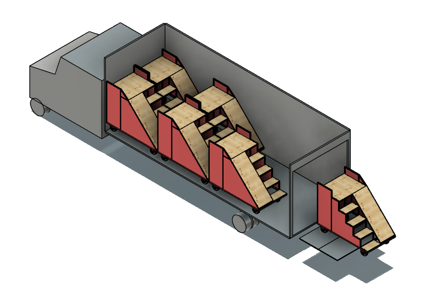 CAD mockup: stair prop on box truck liftgate with the rear end hanging off the platform