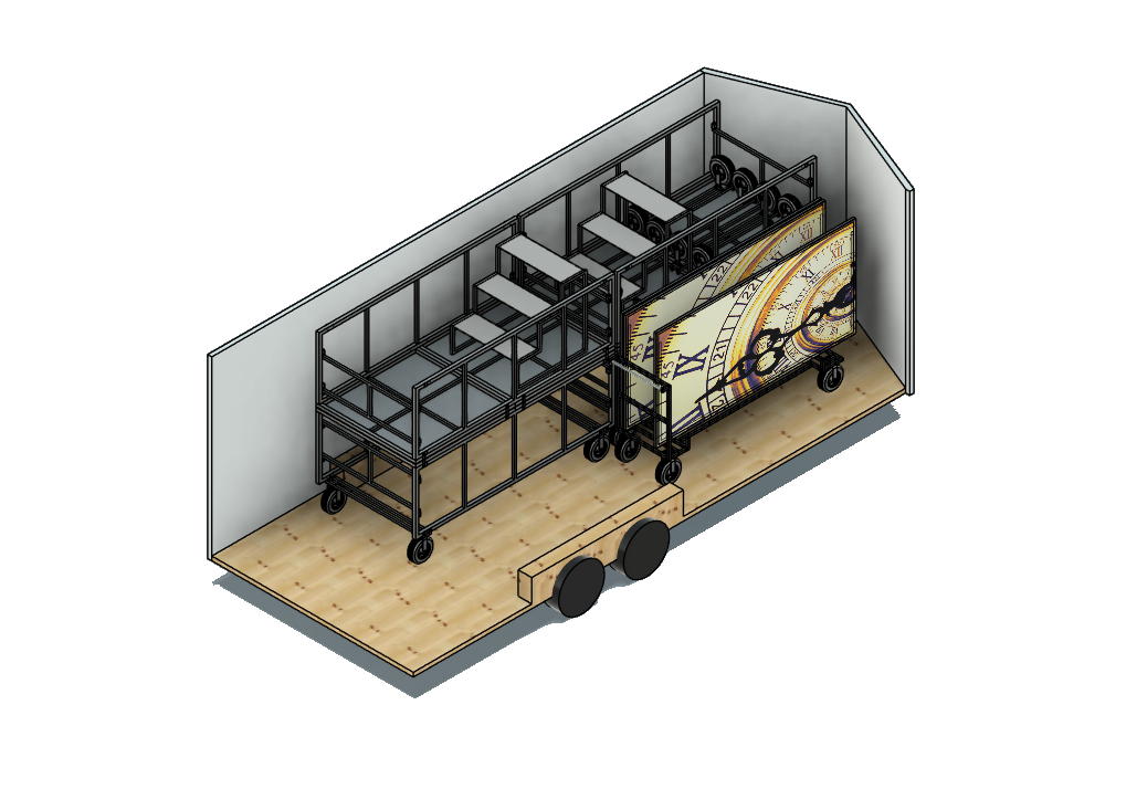 CAD mockup: 20-foot trailer interior with stage props stacked two-high
